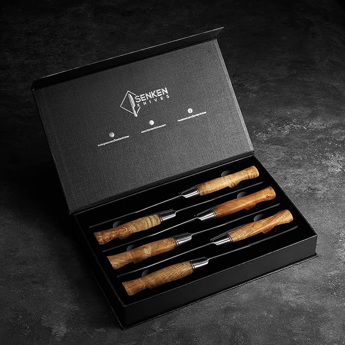 SENKEN 6-Piece Damascus Steel Steak Knife Set - Non-Serrated Steak Knives with Sycamore Wood Handles - The Dynasty Collection - 67-Layer Japanese VG10 Steel (6-Piece Steak Knife Set)
