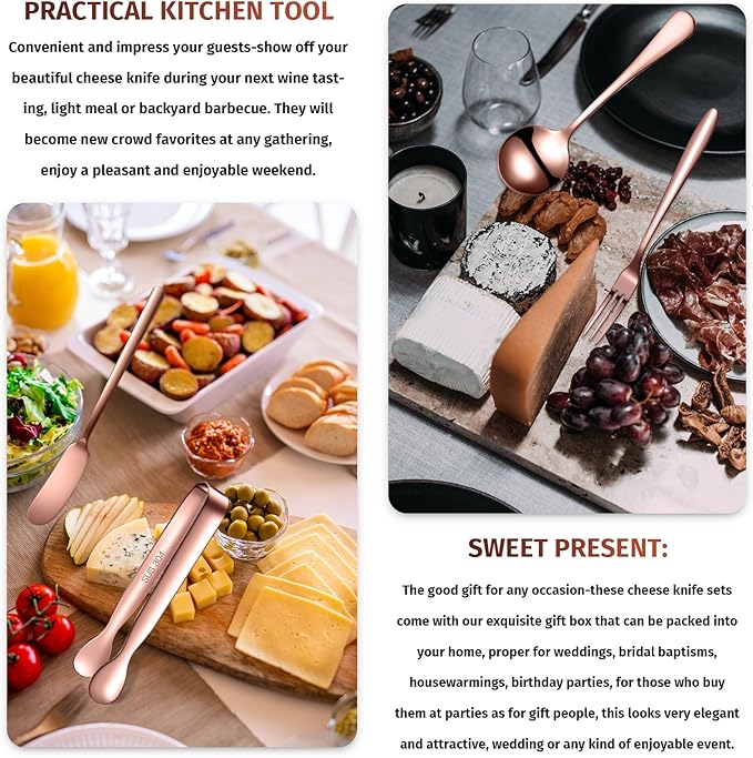 Patelai Cheese Butter Spreader Knives Set Charcuterie Accessories Stainless Steel Spreader Knives Charcuterie Boards Utensils Mini Serving Tongs Spoons and Forks for Appetizers Pastry(Rose Gold)