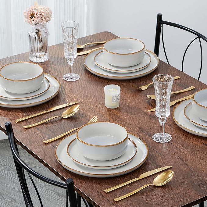 E-far Dinnerware Sets for 6, 18-Piece Stoneware Plates and Bowls Set, Reactive Glaze Dinning Ware Dishes Set, Microwave & Dishwasher Safe - Seashell White