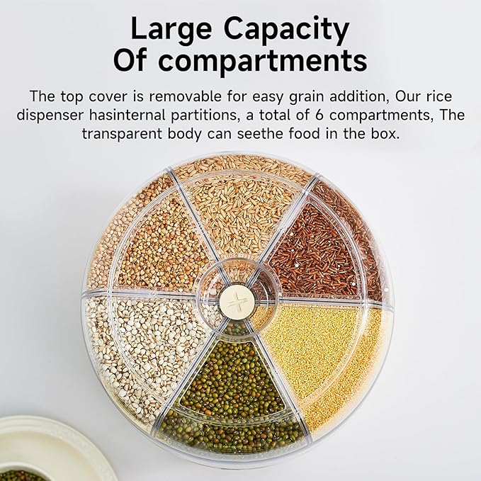 Rice Dispenser | 360° Rotating Grain Storage Bin - 6 Grids, 20LBS Large Capacity Food Container, Moisture-Proof, One-Click Output for Rice, Beans & Pet Food - Kitchen Pantry Organizer
