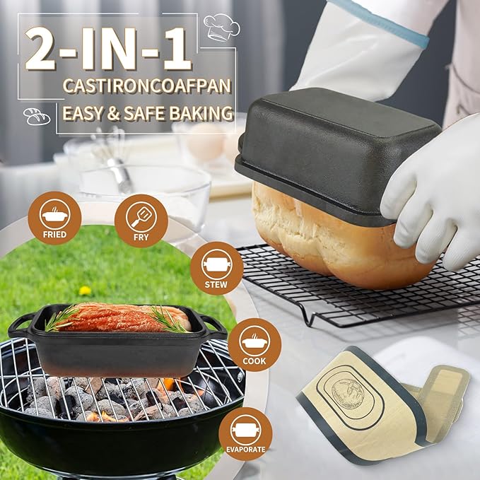 Cast Iron Bread Pan with Lid, Cast Iron Bread Loaf Pan with 2 Silicone Bread Mats, Sourdough Loaf Pan with Lid, Heavy Duty Loaf Pans for Oven Baking Bread, Bread Pans for Homemade Bread(Black)