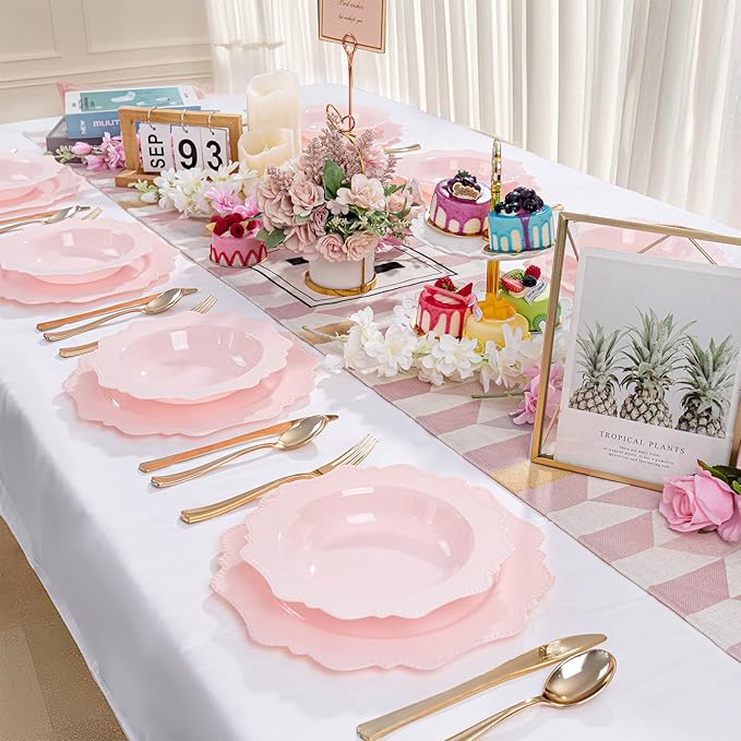 COLOSUS Pink Plastic Party Bowls (60 Pack) 12 Oz Disposable Soup/Salad Bowl, Fancy Shatterproof Dinnerware for Easter, Catering, Holidays, Weddings, and Everyday Use