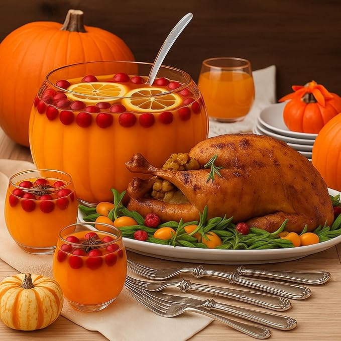 LemonRoad Glass Fall Pumpkin Punch Bowl Set 1 Large Punch Bowl 6 Cups 1 Ladle for Fall Autumn Thanksgiving Halloween Party Holiday School Centerpiece Table Decorations