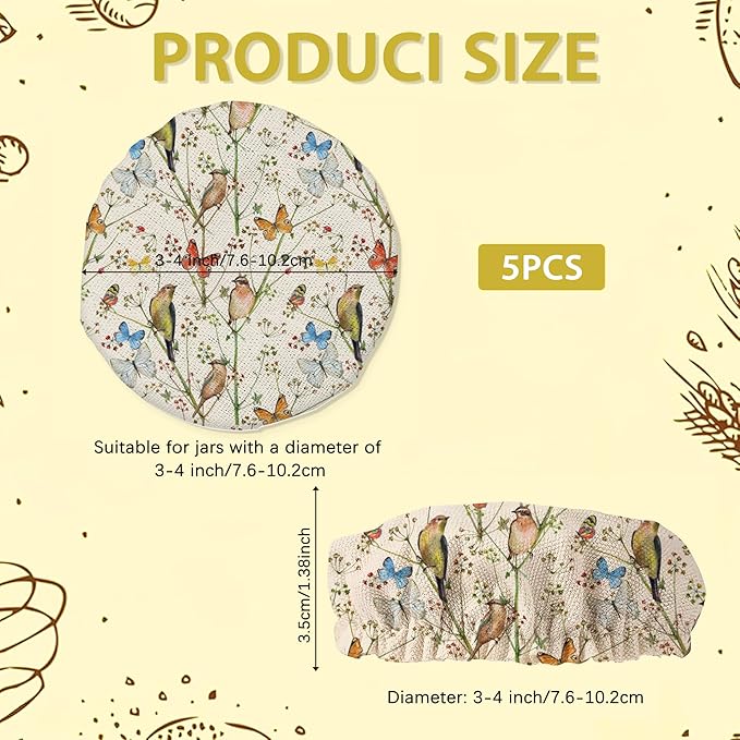 Vintage Nature with Birds and Butterflies Sourdough Starter Jar Covers Reusable,Breathable Fabric Lids for Mason Jars,Wide Mouth and Regular Mouth(5 Pack)
