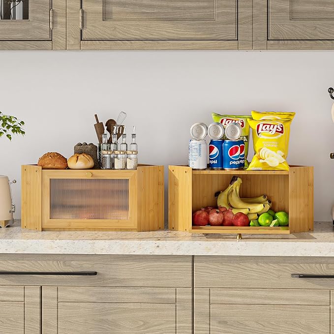 Corner Bamboo Bread Box for Kitchen Counter Large Capacity Rustic Bread Storage Container with Wavy Arcylic Transparent Door Vintage Storage for Homemade Bread (Natural Bamboo)