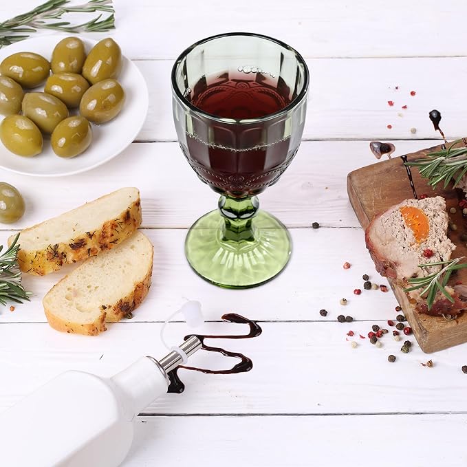 Joeyan Green Vintage Wine Glasses,Clear Water Goblet Glasses with Embossed Serpentine Pattern,Stemmed Colored Glassware Set for Wedding Party Banquet Feast,10 oz,Set of 4,Dishwasher Safe