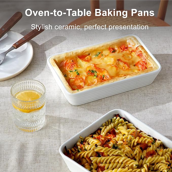 ONEMORE Casserole Dishes for Oven, Ceramic Baking Dish Set of 3 with Roasting Racks Rectangular Large Deep Lasagna Pan without Handles Porcelain Baking Pan with Rack for Oven Cooking (3QT/2.1QT/1.3QT)