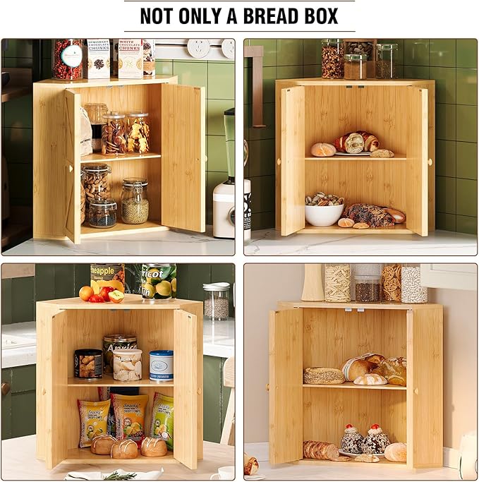 Corner Bread Box for Kitchen Counter Double Layer Bamboo Bread Storage Container Large Capacity Bread Storage Bin Farmhouse Breadbox Organizer (Bamboo Natural)
