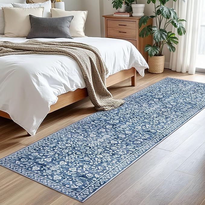 Vintage 2x8 Hallway Runner Rug, Blue and White Washable Rug, Non-Slip Super Soft Kitchen Runner Rug, Print Faux Wool Floral Thin Carpet for Entryway Bedside