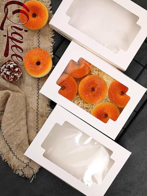qiqee 50Packs Auto-pop Cookie Boxes for Gift Giving 8x5.3x2 inch White One Second Folding Treat Box with Window Bakery Box for Donuts Candies and Biscuit