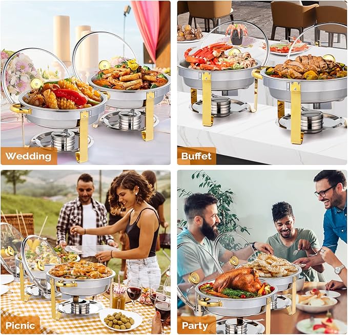 ROVSUN 5QT 2 Packs Chafing Dish Buffet Set Gold Accent, NSF Round Stainless Steel Buffet Warmer Chafers and Buffet Warmers Sets with Glass Lid & Lid Holder for Catering Events Parties Weddings Dinners