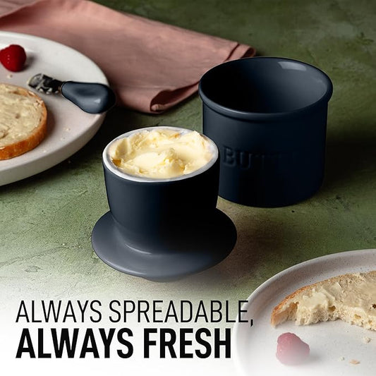 Zulay Kitchen Butter Crock With Lid & Spreader Knife for Countertop - Ceramic French Butter Dish Keeper For Fresh & Spreadable Butter - Midnight Blue