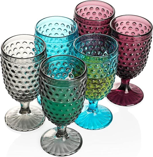 G Hobnail Iced Tea Beverage Goblets 13 oz. set of 6 Premiun Glass Set for Wine Soda Juice Water Perfect for Dinner Parties Bars Restaurants Everyday use (Multicolor, Goblet)