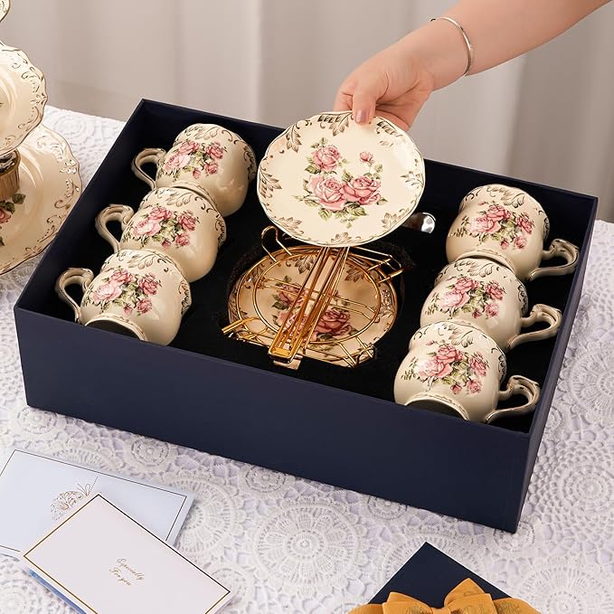 YOLIFE Tea Cups and Saucers Set of 6, Ivory Porcelain Tea Cups Set with Stand, Rose with Gold Leaves Trim Design, Gift for Women (Includes Gift Box, Tote Bag, Greeting Card)