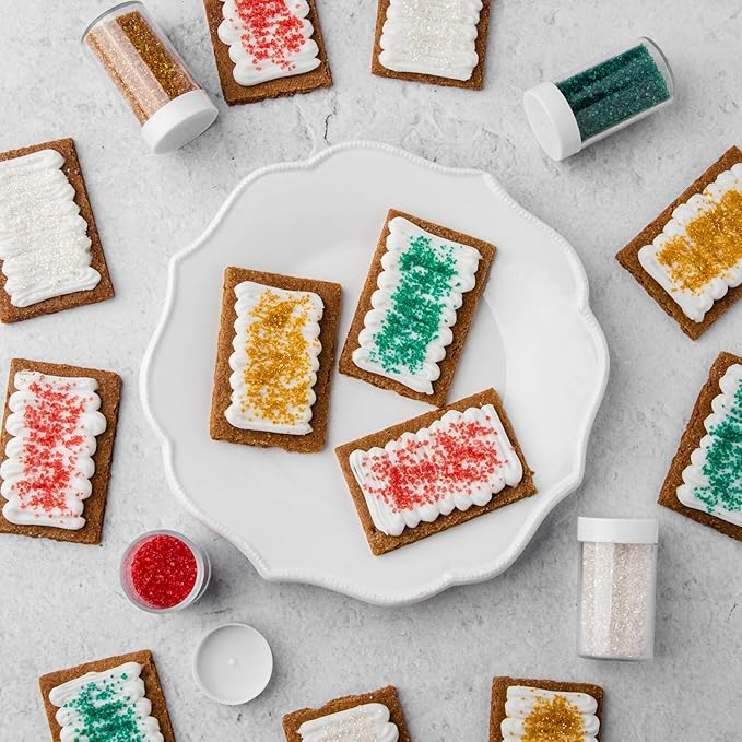 Sweets Indeed Christmas Baking Sugar Crystals 4-Pack – 4.52 oz | White, Red, Green & Gold Sparkling Sugars | Holiday & Everyday Dessert Decorating Set
