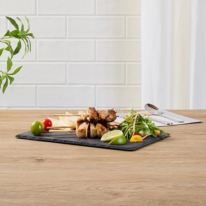 Restaurantware Slate Serving Tray 1 Pack of 11.8" x 7.8" Foam Feet Charcuterie Stone Plate Rustic Edges Freezable Black Serving Display Cheese Boards for Kitchen, Gourmet, Dining, Parties