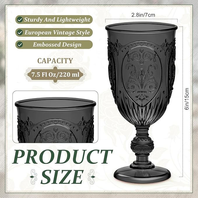 48 Pcs Plastic Goblets 7.5oz Vintage Goblet Plastic Wine Glasses Colored Retro Embossed Water Goblets for Wine Bar Juice Baby Shower Wedding Reception Grand Event Party (Black)