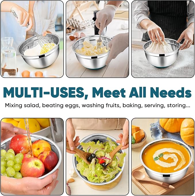 TeamFar Mixing Bowls with Lids Set, 7/3.5/2.5/1.5/1 QT, Stainless Steel Large Metal Nesting Salad Bowl Set of 5, Healthy & Sturdy, Non-slip Bottom & Airtight Lid-Blue