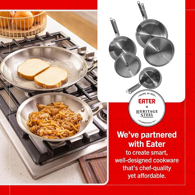 Heritage Steel Eater Series 5 Piece Fry Pan Set | Made in USA | 5-Ply Fully Clad Stainless Steel Pan | Stay Cool Handle Design | Induction Ready & Non-Toxic Pan