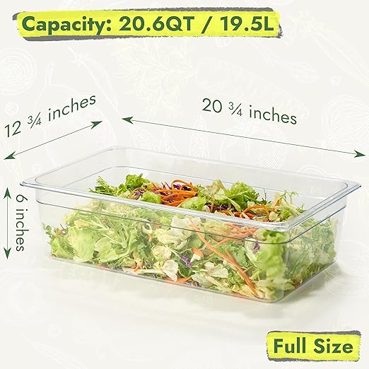 CURTA 4-Pack Full Size 6" Deep NSF Polycarbonate Food Pans with Handled Lids & Drain Trays | Dishwasher & Freezer Safe Clear Container for Prep Tables, Buffet, Salad Bar, Commercial Kitchen