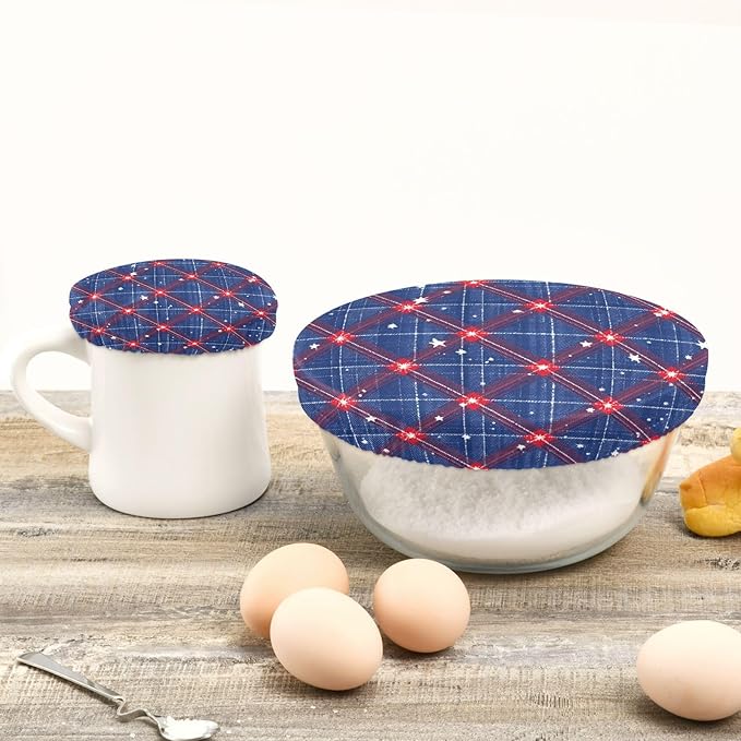 5 Pcs Bowl Covers Reusable in 5 Size Elastic Food Cover Cloth Lids Fresh Keeping Dish Cookware Bakeware Fabric Covers Lids for Food Leftovers Fruits Storage Blue Retro Plaid Stars