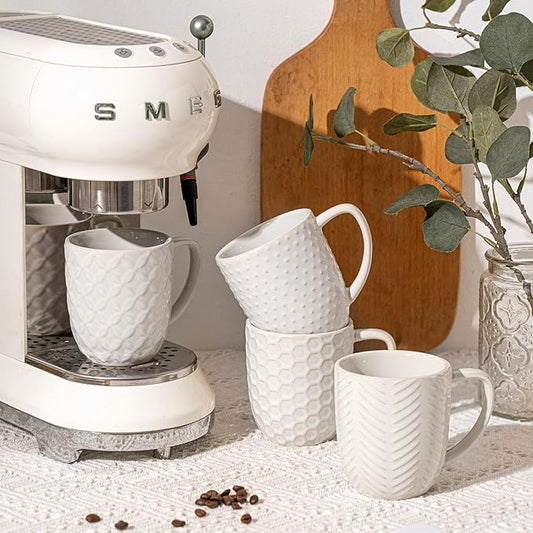 Coffee Mugs Set of 4, 12oz Ceramic Mug Set with Embossment, Stackable Mugs for Coffee/Tea/Latte/Cappuccino, Microwave & Dishwasher Safe, Gift for Men & Women
