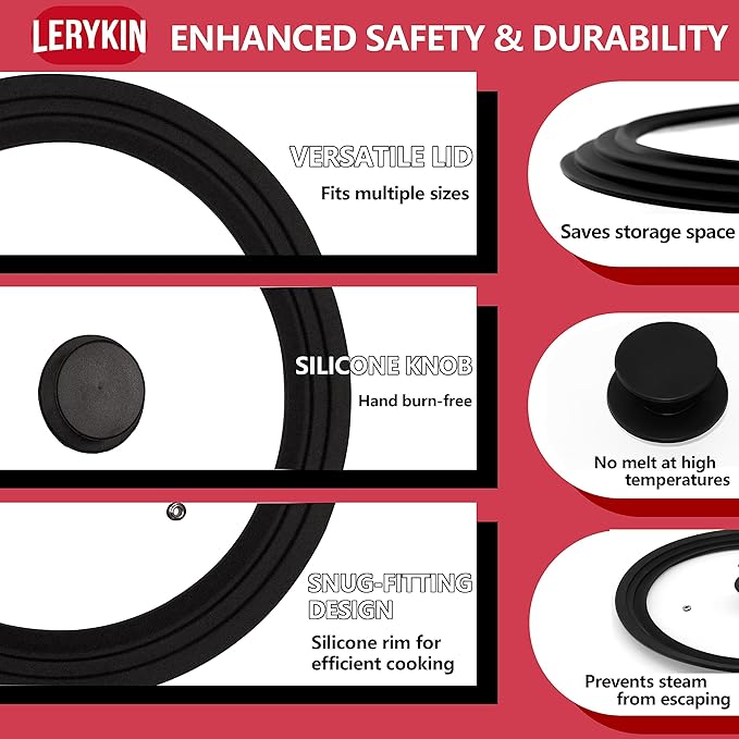 Tempered Glass Lid Set of 2 - Universal Lids with Heat Resistant Silicone Rim for Pots, Pans and Skillets - Pan Cover Replacement Lids Fit 7", 8" & 9" and 10", 11" & 12" Diameter Cookware