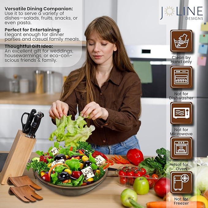 Acacia Wood Salad Serving Bowl Set – Large Wooden Bowl with Forks for Salads, Fruits & Meals – Easy to Clean, Food-Safe, Perfect for Entertaining & Gift Giving