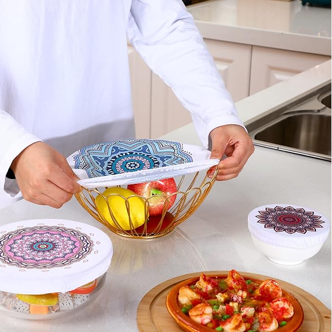 Patelai 10 Pcs Bowl Covers Reusable in 5 Size Stretch Cloth Fabric Elastic Food Storage Bowl Covers Bread Sourdough Lids for Proofing Food Fruits Leftover(Retro Style)