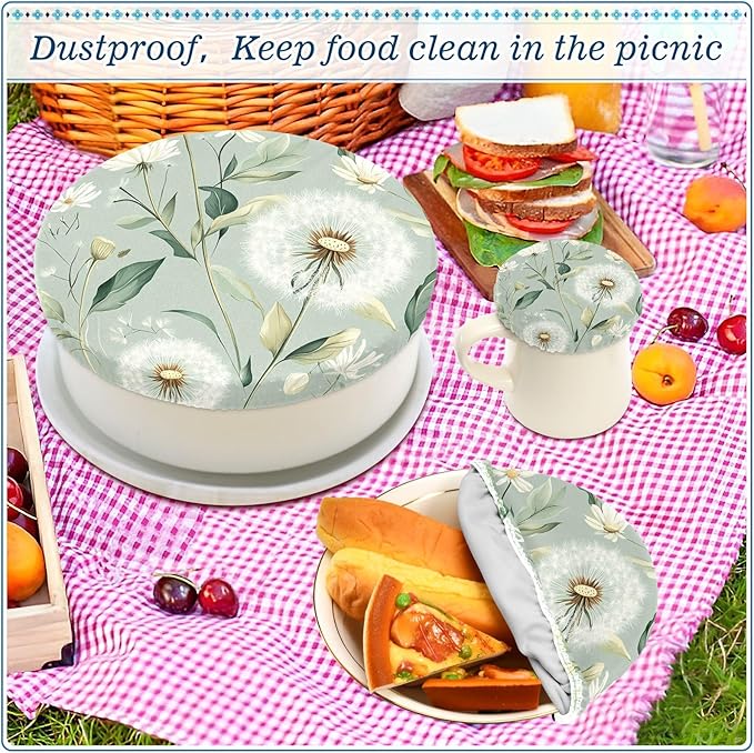 5 Pcs Bowl Covers Reusable in 5 Size Elastic Food Cover Cloth Lids Fresh Keeping Dish Cookware Bakeware Fabric Covers Lids for Food Leftovers Fruits Storage Sage Green Dandelion