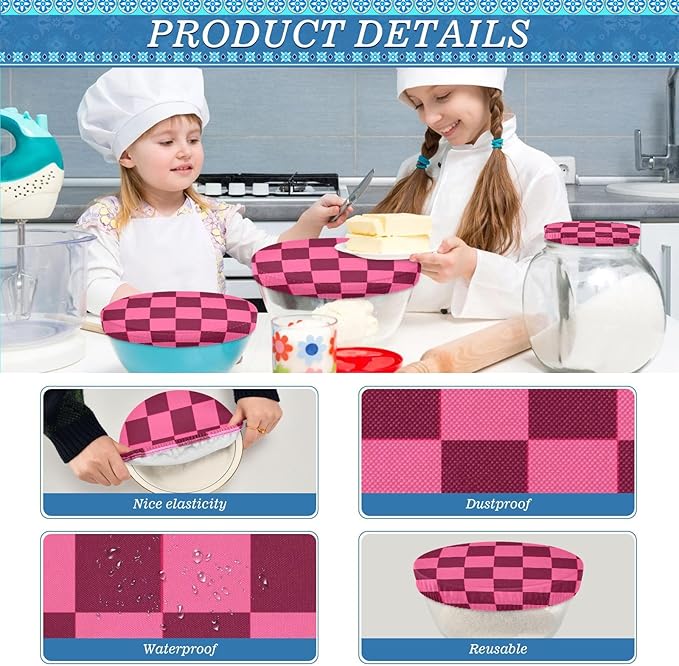 5 Pcs Bowl Covers Reusable in 5 Size Elastic Food Cover Cloth Lids Fresh Keeping Dish Cookware Bakeware Fabric Covers Lids for Food Leftovers Fruits Storage Checkered Hot Pink