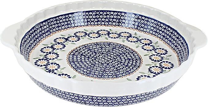 Blue Rose Polish Pottery - Yellow Peach Blossom Pie Plate with Handles - 9.75" Diameter - Ceramic Baking Dish, For Pies, Quiches & Desserts