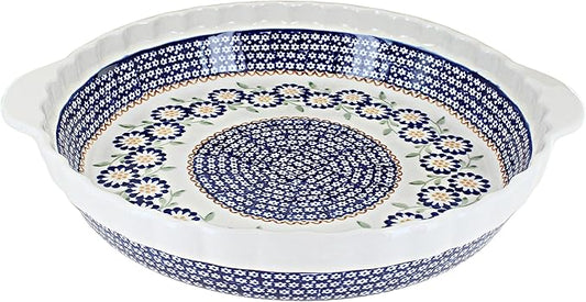 Blue Rose Polish Pottery - Yellow Peach Blossom Pie Plate with Handles - 9.75" Diameter - Ceramic Baking Dish, For Pies, Quiches & Desserts