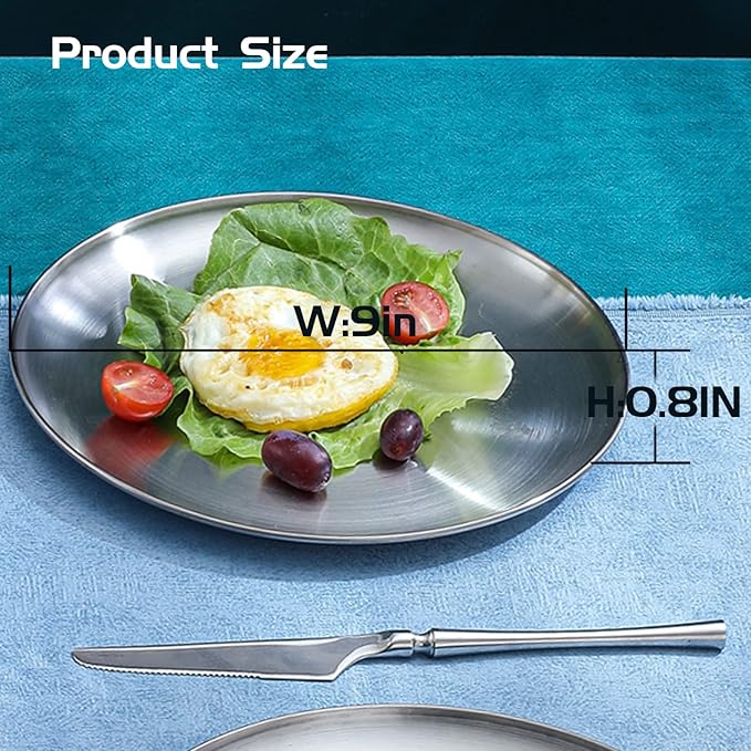18/8 Stainless Steel Dinner Plate for Main Dishes, Grilled Meat, Dessert, Salad, and Fruit - 9 Inches (23 cm) Large Capacity (8pc, 9in)