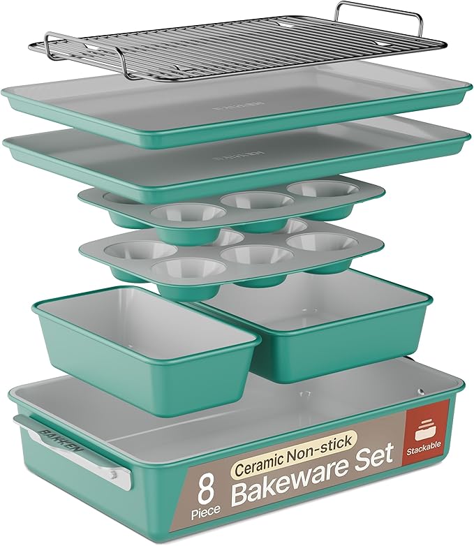 Bakken 8-Piece Stackable Bakeware Set – Ceramic Non-Stick, Oven-Safe Baking Sheets & Pans, PTFE/PFOA/PFOS-Free, Ergonomic Handles, Includes Cooling Rack – Healthy, Non-Toxic Baking Essentials