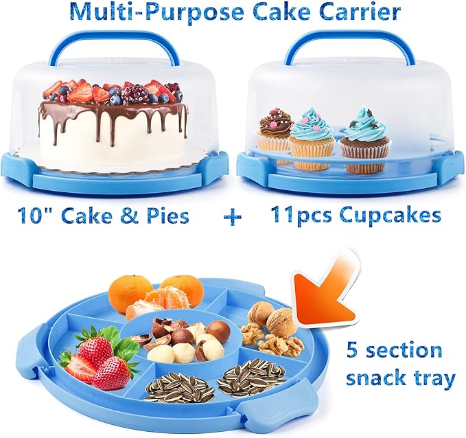 Portable Cake Carrier with Handle, Round Cupcake Holder with Lid, Plastic Storage Container Box fit 10 inch Cake, 3-Locking Muffin and Pies Keeper with Cover (Blue)