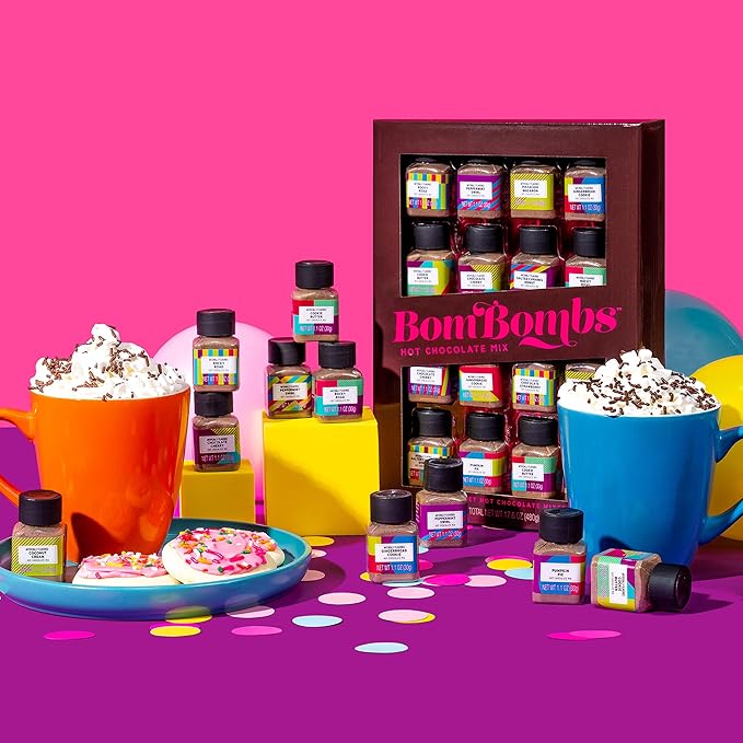 BomBombs, Hot Chocolate Mix Gift Set in Mini Bottles, Flavors Include Rocky Road, Pumpkin Pie, Chocolate Cherry, Peppermint Swirl, Salted Caramel Donut & More, Sampler Set of 16