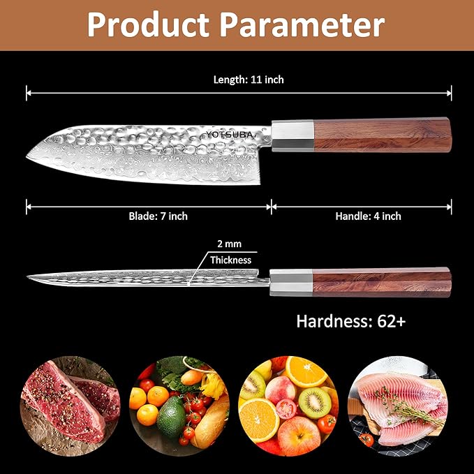 YOTSUBA 7 inch Damascus Japanese Santoku Chef Knife,High Carbon Stainless Steel Kitchen Knife,Professional Santoku Knives with Durable Ergonomic Wood Handle