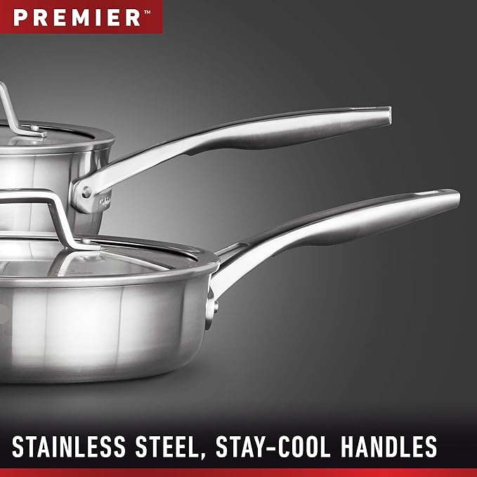 Calphalon Premier Stainless Steel 5-Quart Sauté Pan with Lid, 3-Layer Metal Construction, Oven & Dishwasher Safe