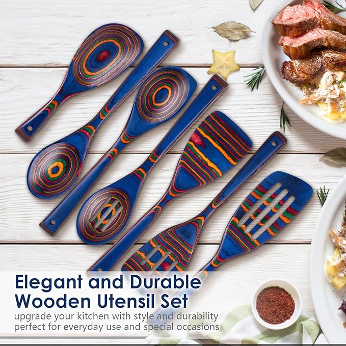 Kitchen Pakkawood Wooden Spoons for Cooking – 7-Piece Kitchen Utensil Set with Spatula, Corner Spoon, Rice Paddle – Nonstick Safe Durable Wooden Cooking Tools for Home Kitchen (Spectrum) by Howhong