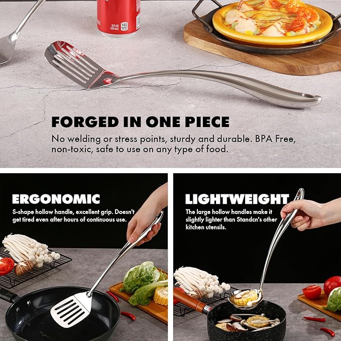 18/10 Stainless Steel Kitchen Utensils Set with Holder - 15″ Spatula Spoon Set with Storage Organizer for Countertop, Fork, Tongs, Spatula, Ladle, Skimmer, Turner, Spaghetti, Large Spoon Set of 12