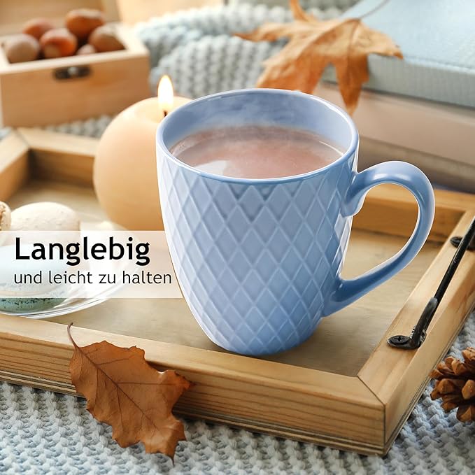 MIAMIO - Coffee Mugs set of 6 / Coffee Cups - 6 x 14 Oz Ceramic Mugs - Large Coffee Mugs - Microwave & Dishwasher safe - Palmanova Collection (Blue)