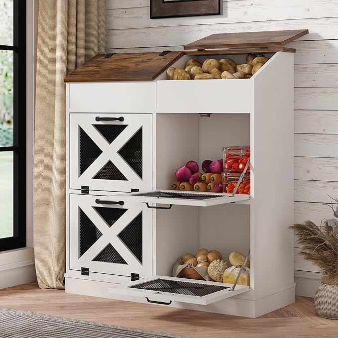 Large Wood Veggie Bin for Potato,Bread,Onion With 6 Large Storage Space. Root Vegetable Storage Box For Kitchen, Farmhouse Wood Potato Box With 4 Mesh Doors,32 * 12.4 * 36 INCH(White)