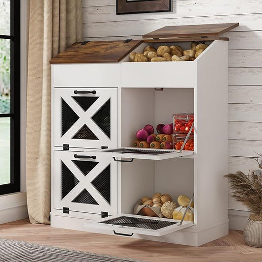 Large Wood Veggie Bin for Potato,Bread,Onion With 6 Large Storage Space. Root Vegetable Storage Box For Kitchen, Farmhouse Wood Potato Box With 4 Mesh Doors,32 * 12.4 * 36 INCH(White)