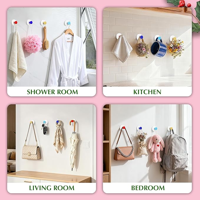 Suction Cup Hooks for Shower No-Drill Bathroom Hooks for Towels, Robes, Loofah Mountable on Bathroom Walls, Kitchen, Glass, Mirrors, Tile and Smooth,Non-Porous Surfaces (2, Red White)