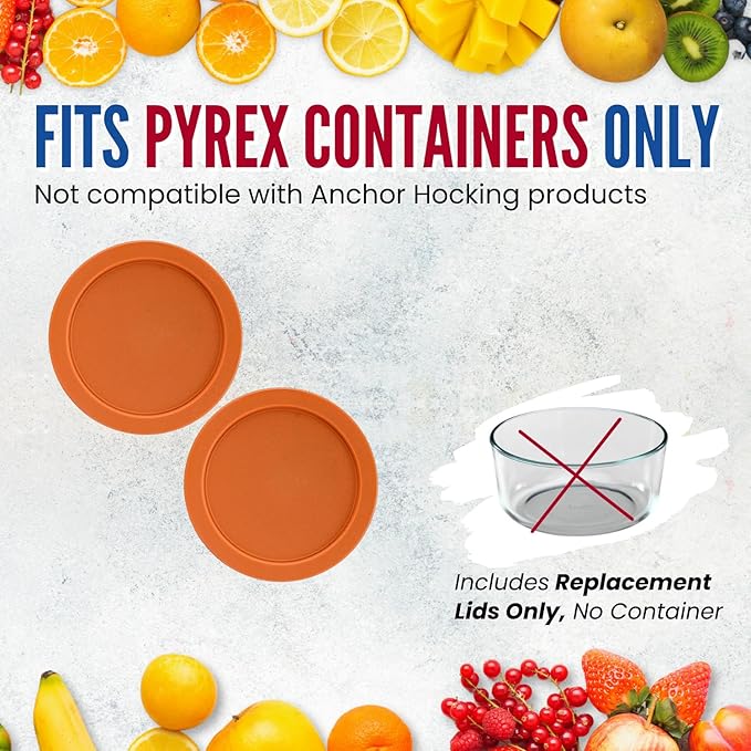 Replacement Lids for Pyrex 4-Cup Glass Food Storage Container Bowls, 6-Inch Plastic Round Lids Covers fits Pyrex 7201-PC, Airtight & Leakproof (2-Pack, Orange)