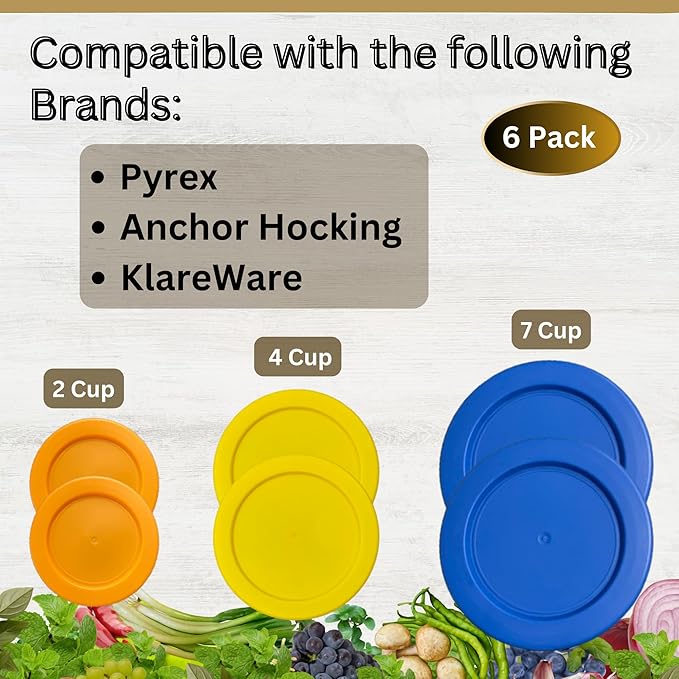 2, 4 & 7 Cup Orange, Yellow, Blue Replacement Lids/Covers for Pyrex, Anchor Hocking & KlareWare Storage Bowls *Lids Only Glass Container Not Included* (6 Pack *Two of Each Size*)