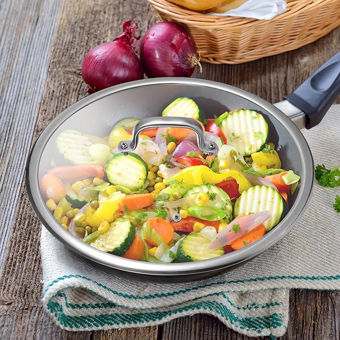 Luxshiny 13-Inch Tempered Glass Pot Lid with Handle - Universal for Frying Pans, Cast Iron Skillets, and Pots - Heat-Resistant Glass with Stainless Steel Edges for Clear Cooking Visibility