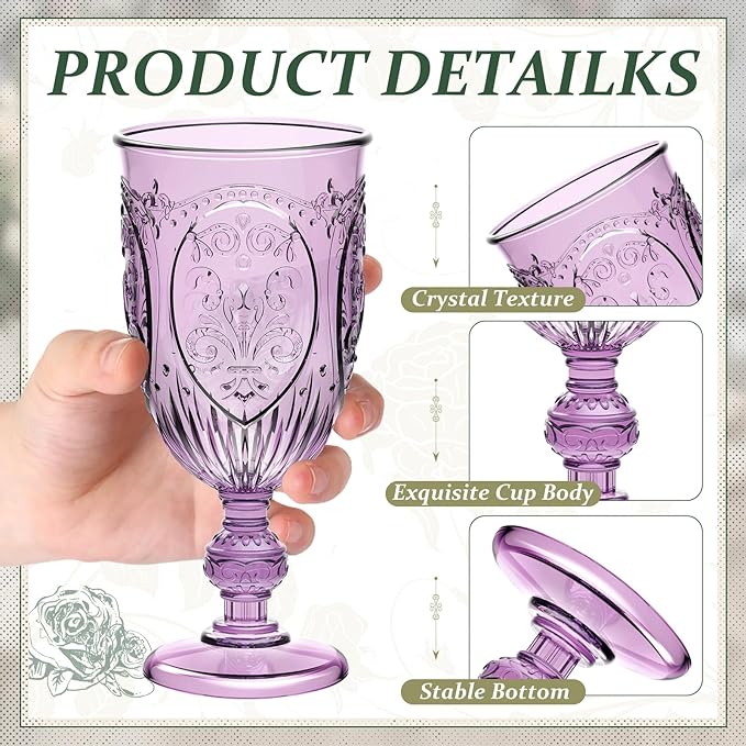 48 Pcs Plastic Goblets 7.5oz Vintage Goblet Plastic Wine Glasses Colored Retro Embossed Water Goblets for Wine Bar Juice Baby Shower Wedding Reception Grand Event Party (Purple)