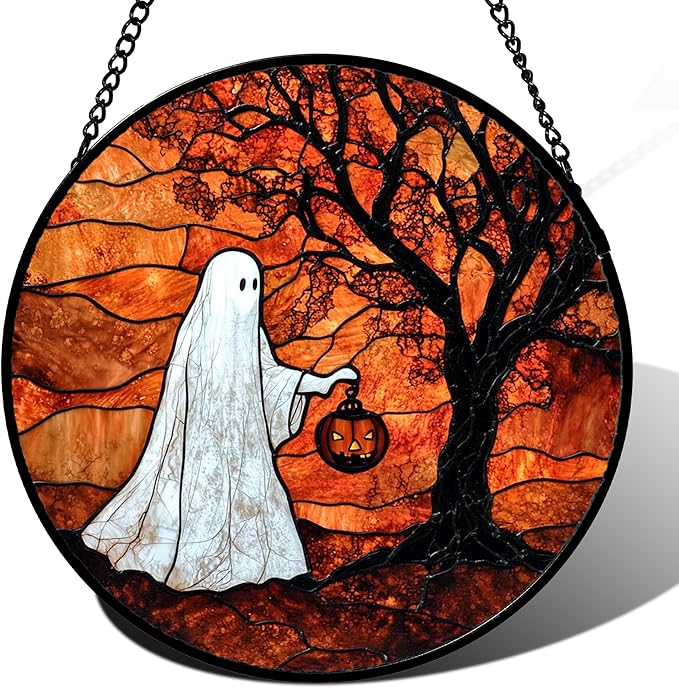 Stained Glass Window Hanging - Halloween Ghost Holding A Pumpkin Lantern Suncatcher for Door Garden Spooky Tree Sun Catchers Gothic Decorations Horror Gifts for Women Men Friend 11.8 in